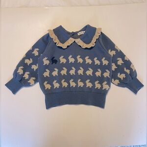 Emile et Ida Lapin Sweater in Blue with Bunny Pattern and Ruffled Collar